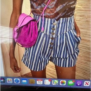 Ulla Johnson Railroad stripe, high waisted denim shorts